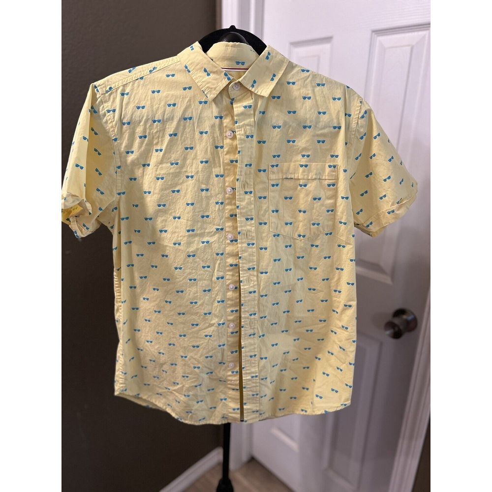 Vintage Men's Plugg Casual Button Down‎ Shirt Yellow w Blue Sunglasses Size S